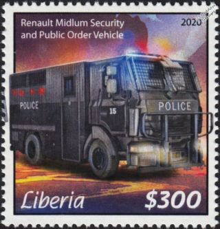 Renault Midlum Police Security & Riot Truck Car Vehicle Stamp (2020 Liberia)