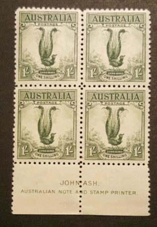 1932 Australian Stamp 1/ - Lyrebird Sc 141 Ash Imprint Block Of 4.  Mnh