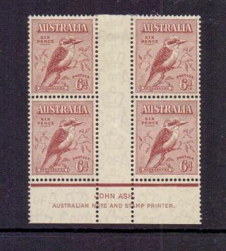 Australia 1932 6d Kookaburra - John Ash Imprint Gutter Block Mh/mnh