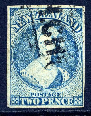 Zealand 1862 - 64 Chalon 2d Pale Blue Four Margins Attractive Example