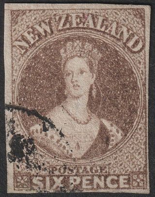 Zealand 1862 Qv Chalon 6d Brown Imperf Sg42 Repaired At Base Sus Pmk