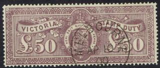 Victoria 1896 Stamp Duty 50 Pounds Wmk V/crown Sg W82 Used/cto