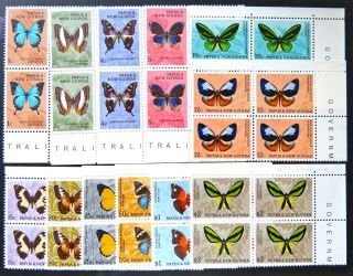 1966 Papua Guinea Stamps - Butterflies - Cnr Blocks Of 4 - Set Of 12 Mnh