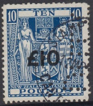 Stamp Zealand 10 Pound On 10 Pound Blue Arms Stamp Duty With Perfin Duty