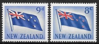 Zealand 1960 9d Flag With Red Colour Shift To Left,  Giving White Star Effect