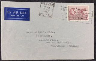 Australia 1947 Air Mail Cover Melbourne Victoria Pmk To Vancouver,  1/6 Hermes