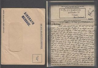 Zealand 1944 Wwii Airgraph Message & Cover Ohms (id:28/d49350)