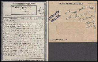 Zealand 1944 Wwii Airgraph Message & Cover Ohms (id:28/d48046)