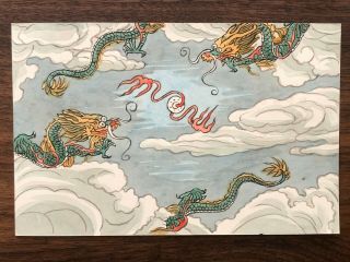 China Old Postcard Hand Painted Chinese Imperial Dragon Flying