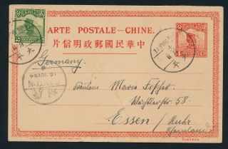 China.  1924.  4 C.  Red,  Junk Issue Stationery,  Upfranked Postcard Sent To Germany
