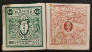 J) 1910 China Taiwan,  One Hundred Cash,  Green,  20 Cents Orange,  Dragon,  Set Of 2