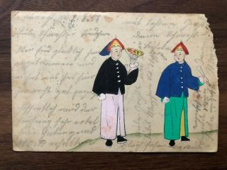 China Old Postcard Hand Painted Chinese Mandarins Shanghai To France 1906