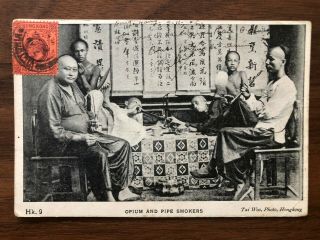 China Hongkong Old Postcard Opium Pipe Smokers To Mauritius Madagascar 1905