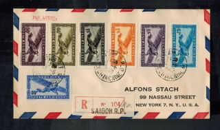 1949 Saigon Vietnam Registered Airmail Cover To Usa Multi Franked Indochina