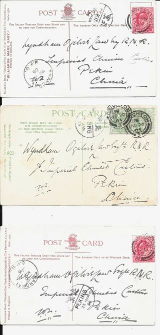 China Postcards From Uk 1906 With Receiving Marks X 3