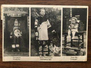 China Old Postcard Young Boy Girl Setchoanese Lady To France