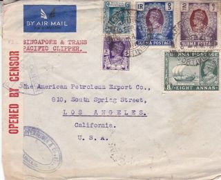 1941 Burma 19,  28 - 31 On Censored Cover To Los Angeles Ca D