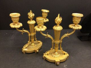 Real Pair Antique Gilt Bronze French Louis Xvi Candlestick Holders Lamps