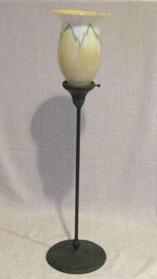 Tiffany Studios Bronze Candlestick Holder With Pulled Feather Favrile Shade