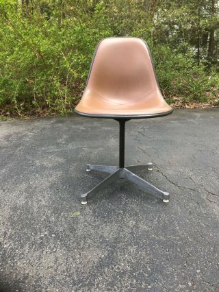 Vintage Herman Miller Upholstered Shell Chair Eames Swivel Metal Base Brown Mcm