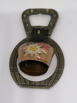 Antique Swiss Cow Bell Hand Painted Flowers Brass Stamped Brengez Ring Vintage