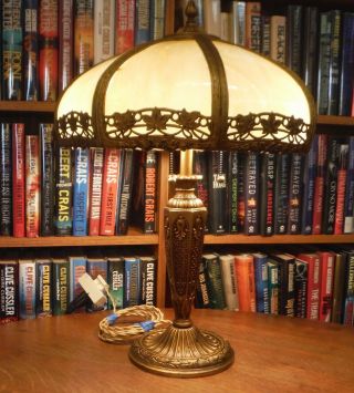 Antiaque Salem Bros.  Bent Slag Glass Lamp Bradley & Hubbard Miller Handel styles 4