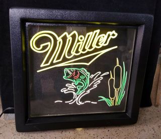 Vintage Miller Beer Light - Up Neon Bar Advertising Sign W/ Bass Fish