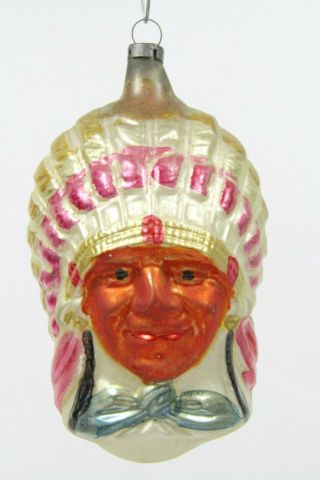 Vtg Antique German Mercury Glass Native Indian Chief Head Christmas Ornament