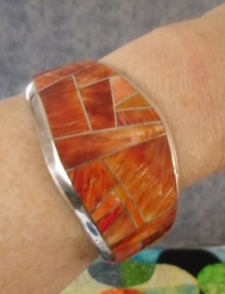 Vtg Navajo Sterling And Spiny Oyster Inlay Cuff Bracelet