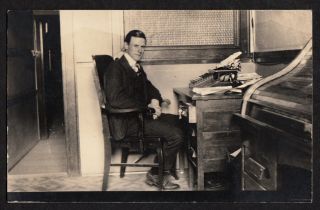 Cocky Cool Office Man W Typewriter & Roll - Top Desk Office 1910s Vintage Photo