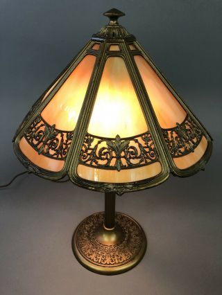 Antique Bradley & Hubbard 8 Panel Slag Glass Lamp 21” High