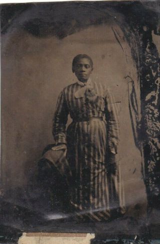 Black African American Woman In Striped Dress & Wearing One Glove Tintype Photo
