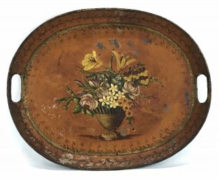 Antique Vintage Toleware Hand Painted Floral Flowers Tin Tole Tray France