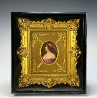 Antique Framed Hand Painted Italian Porcelain Plaque Of Gypsy In Shadowbox