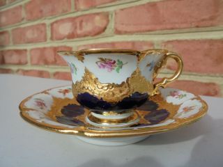Meissen Porcelain Cobalt Blue Gold Encrusted Demitasse Cup & Saucer Set