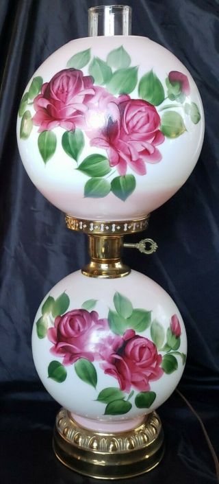 Vintage Gone With The Wind Hand Painted Gorgeous Roses Banquet Lamp 3 Way 22,  5 "