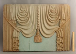Large 19thc Antique Folk Art Carved Curtains Wood Panel,  Horse Drawn Hearse,  Nr