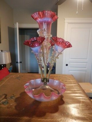 Large Antique Victorian English Cranberry Glass Epergne Centerpiece