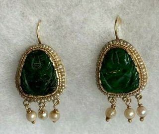 Vintage 14k Gold Malachite Buddha Dangle Earrings With Seed Pearls,  Finely Made