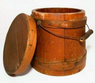 Mid - 19th C American Antique Firkin Staved Wood Sugar Bucket,  W/lid/wire Handle