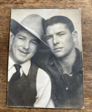 Vintage Photo Booth 2 Affectionate Men Heads Together Gay Interest Big Hat
