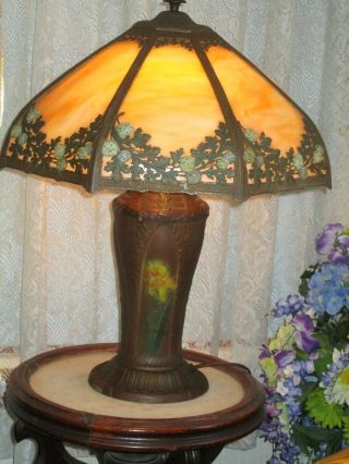 Antique Slag Glass Panel Table Lamp Signed Rainaud