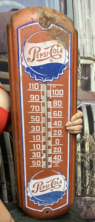 Vintage Pepsi Thermometer Pepsicola Cola 27” X 8” Metal Sign W/thermometer