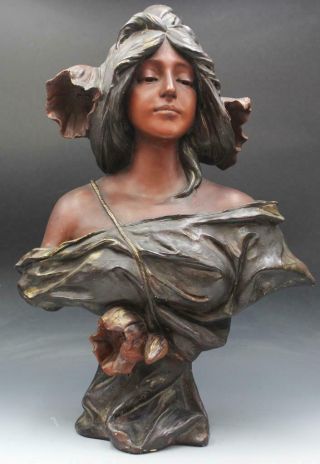 C1900 German Art Nouveau Polychrome Plaster Bust Of A Belle Epoque Woman 23 "