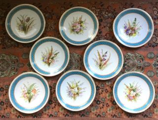 8 Antique Royal Worcester Aesthetic Movement Botanical Dessert Plates—1878
