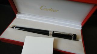 Vintage Pasha De Cartier Stylo Ballpoint Pen Black Composite And Silver W/ Box