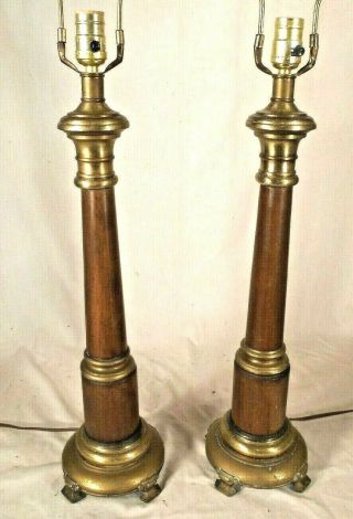 Vintage Mid Century Wood And Brass Classical Column Lamps