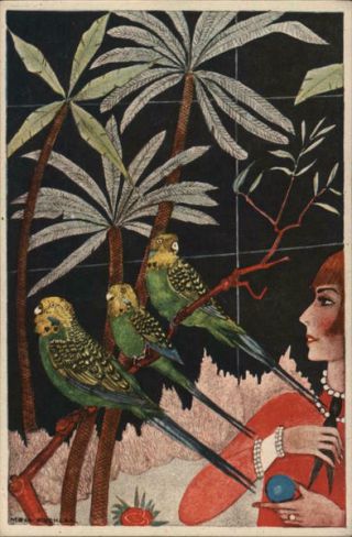 Mela Koehler Art Deco Lady With Birds Postcard Vintage Post Card