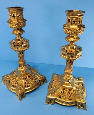 Pair Antique Ormolu Gilt Candlesticks Gothic Revival Ornate Pierced Tudor Cross