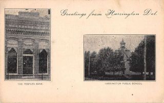Harrington Delaware Peoples Bank And Public School Vintage Postcard Aa17799